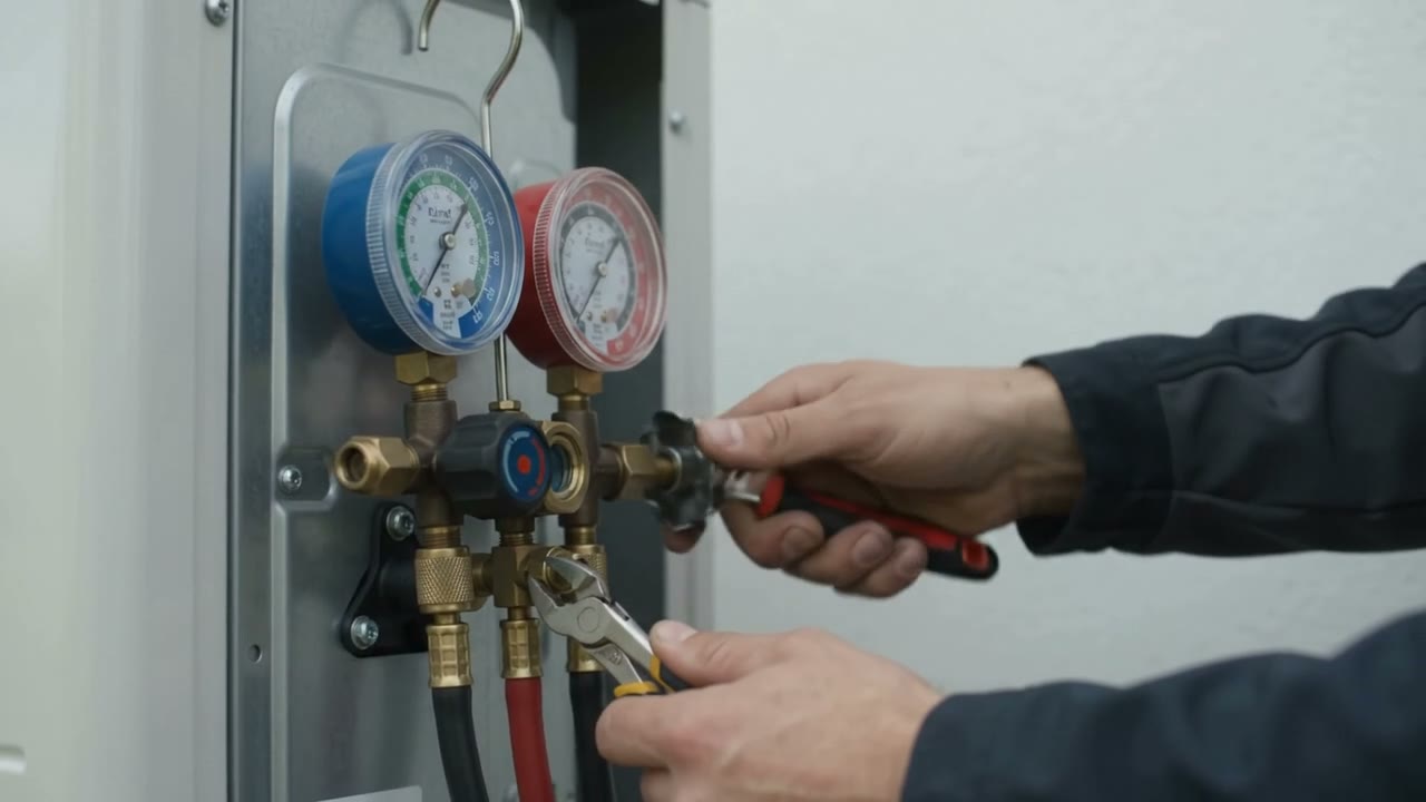 Manomètres branchés sur une thermopompe pendant une vérification